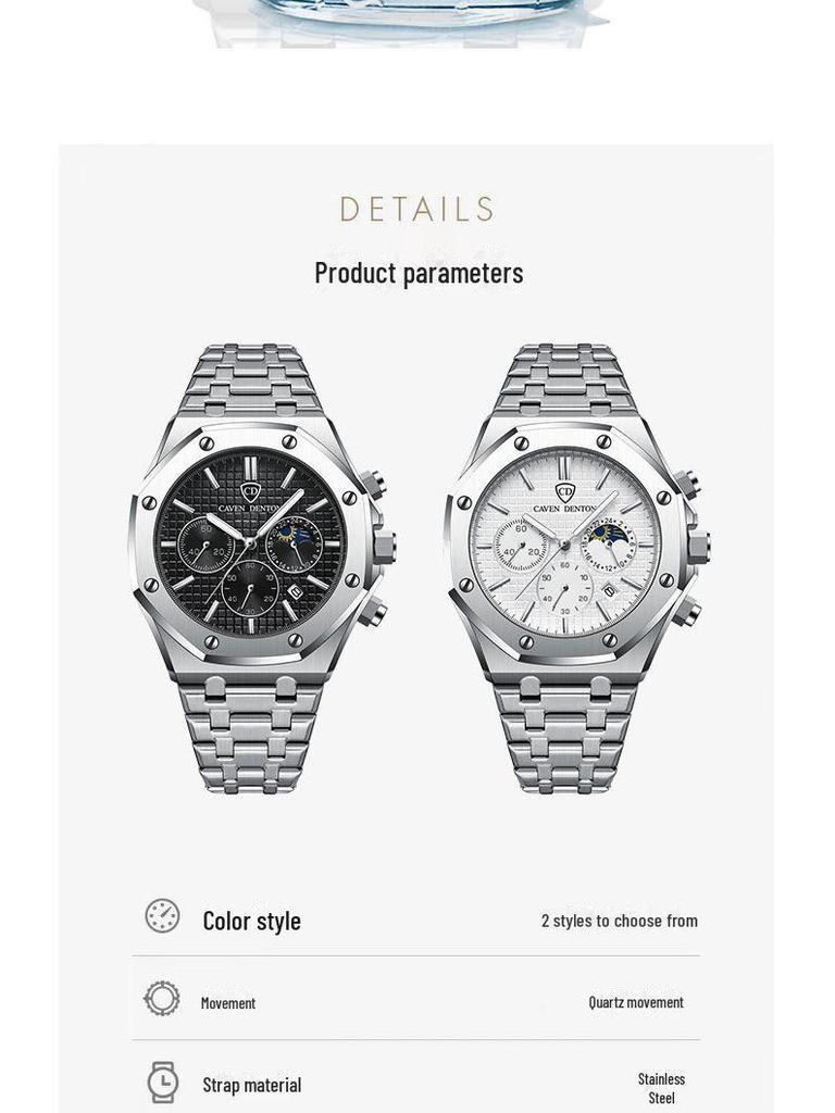 High-End Waterproof Multi-Function Men's Steel Belt Watch with Moon Phase Feature