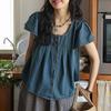 Fashion Folds Vintage Denim Blouse Summer Thin Short Sleeve Women's Clothing Loose Solid Color All-match Casual Round Neck Shirt