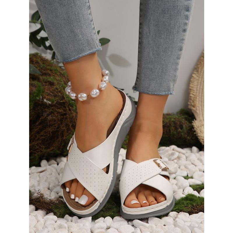 New Flat Casual Slippers Crossover Belt Buckle Solid Beach Shoes Women
