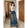 American Retro Plus Size Ripped Denim Midi Skirt for Women - High Waist, Slimming, Niche Design