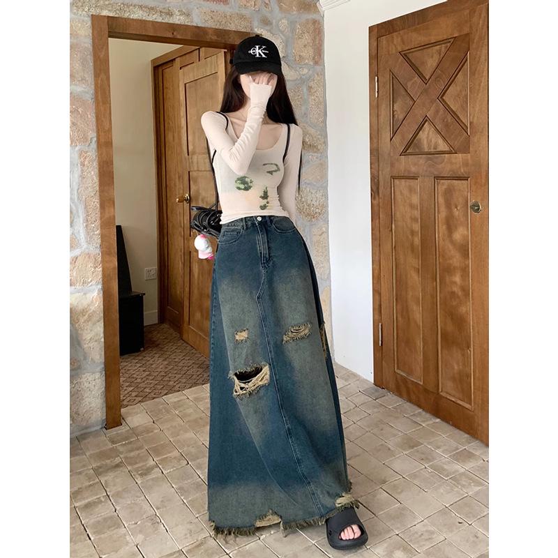 American Retro Plus Size Ripped Denim Midi Skirt for Women - High Waist, Slimming, Niche Design
