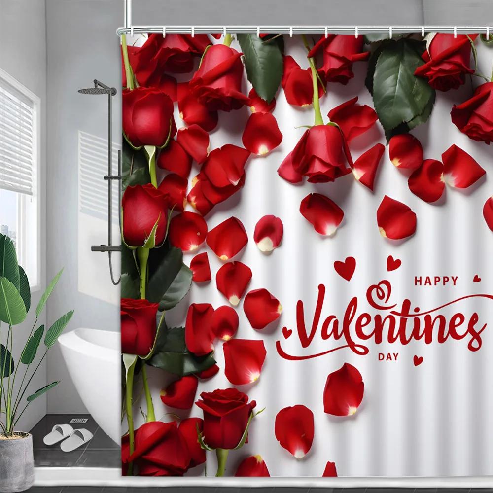 

Red Rose Shower Curtain, Valentine s Day Water Drops Wooden Panel Butterfly Valentine s Day Animal Romantic Heels Bathroom Dec 90x180cm
