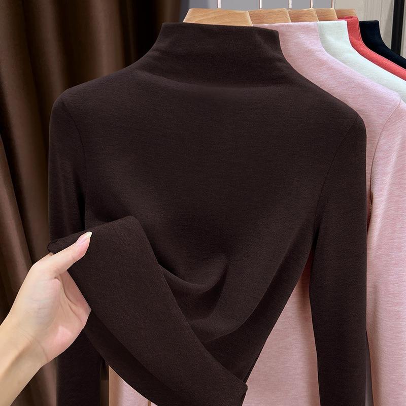 Black silk cashmere bottoming shirt for women's winter new German velvet warm inner with semi-turtleneck long-sleeved T-shirt for women