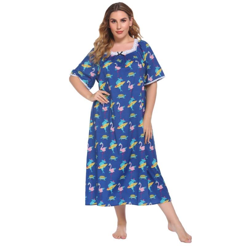 Camisola feminina de verão, tamanho grande, pijama, renda, manga curta, estampada