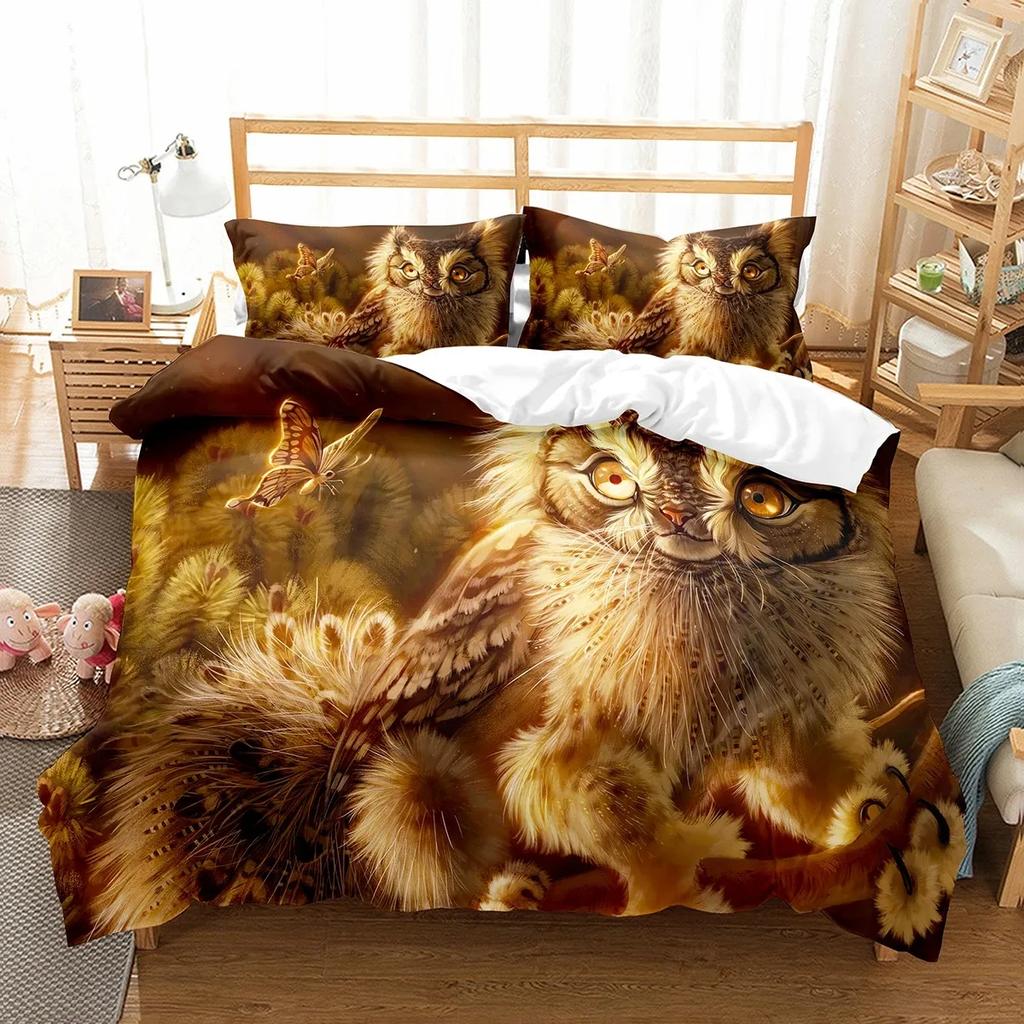 Eulen Bettbezug Set Niedlicher Vogel Polyester Bettdeckenbezug für Jungen Mädchen Kinder Bettwäsche Set King Size Bettdeckenbezug mit Kissenbezug