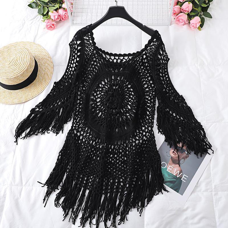 

Жіноча пляжна сукня. Святкова сонцезахисна сорочка, в’язана гачком, купальник із китицями. One Size чорний