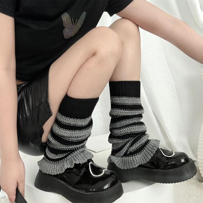 Girls Lolitas Leg Warmers Y2K Stripe Knitted Flared Leg Sleeves Goth Baggy Cuff Ankle Heap Socks JK Uniform Foot Cover