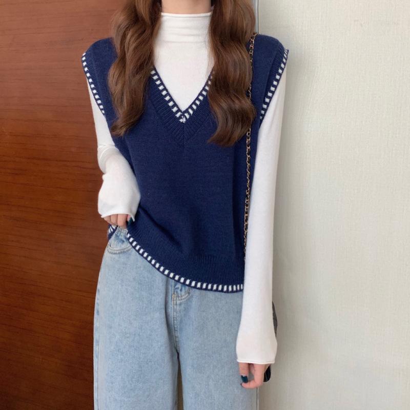 

Casual V-neck Knitted Vest for Women Spring and Autumn Sweater Vest for Women S Темно-синій