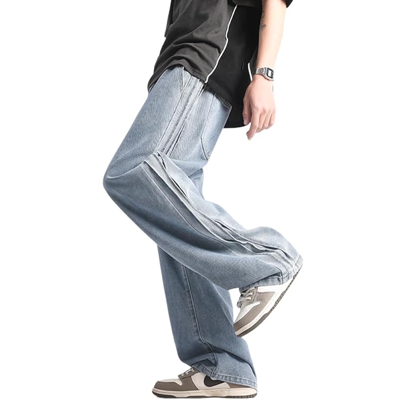 

[Maioulers] wide denim denim pants jeans baggy pants jeans wide string adjustment large size Relaxing casual Trousers (blue, XL)