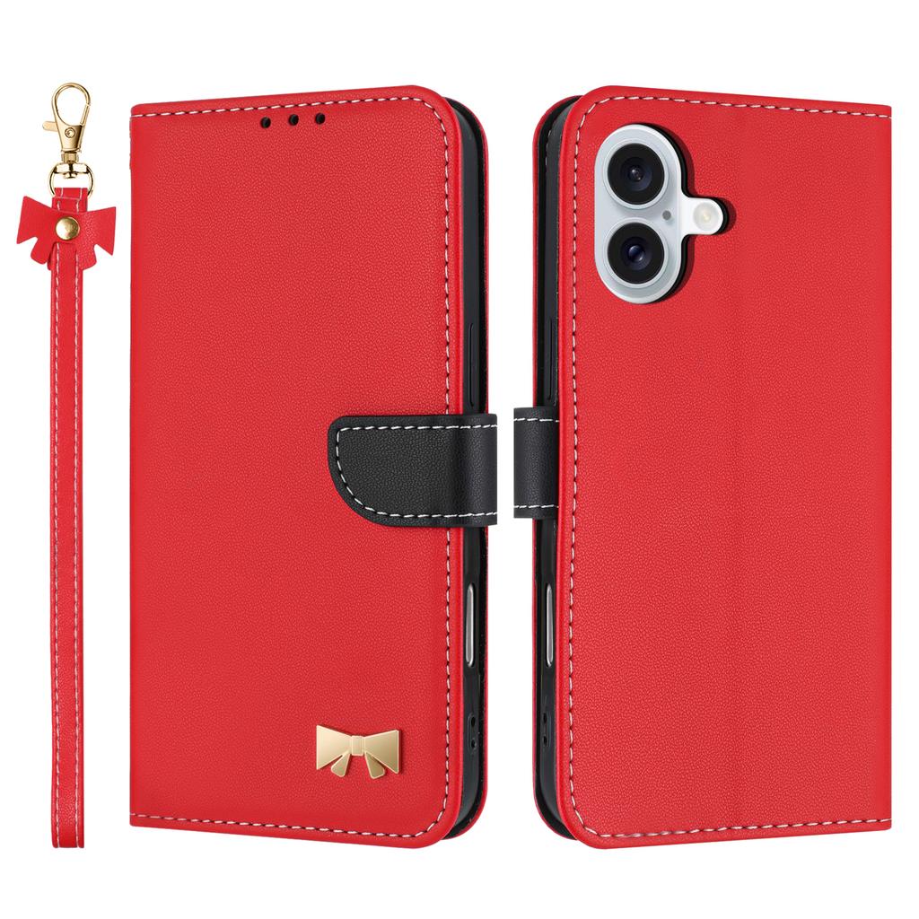 For iPhone 17 Case Bowknot Decor Wallet Leather Phone Cover with Wrist Strap