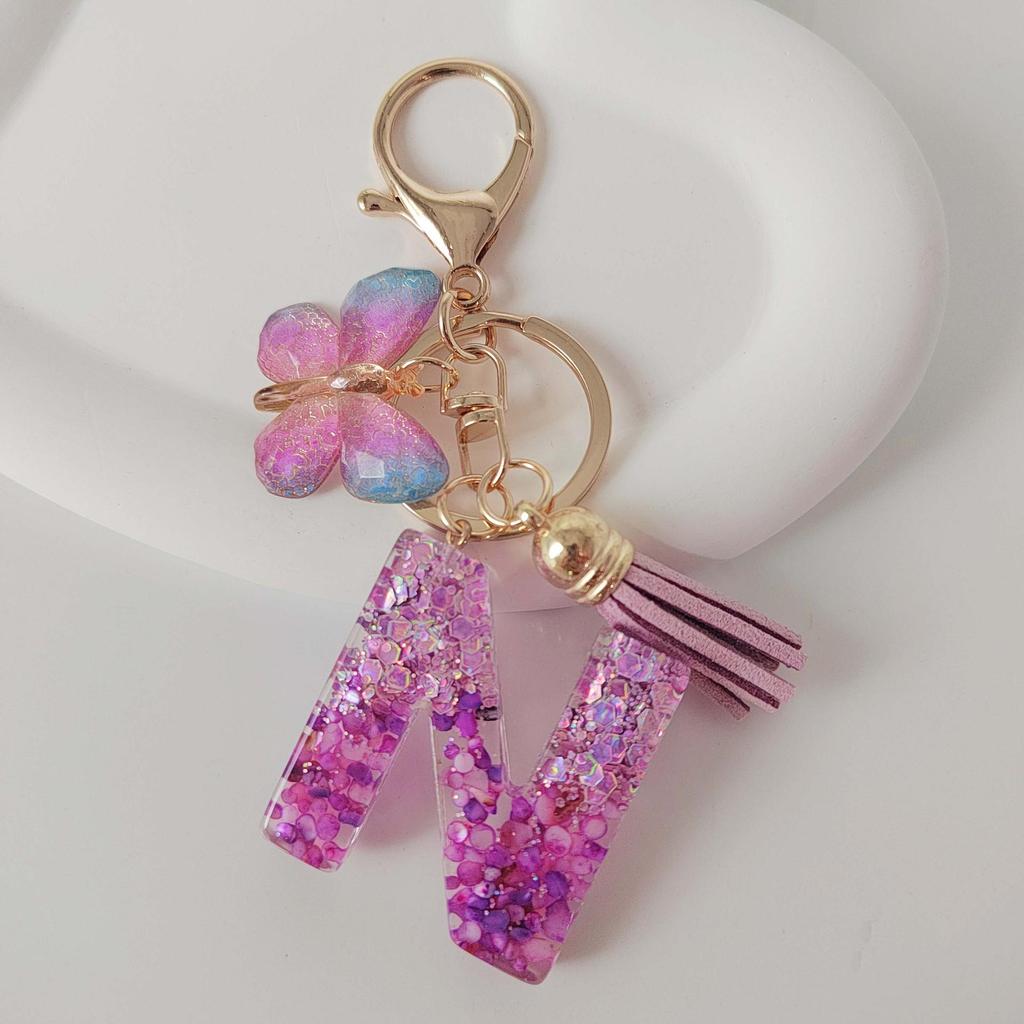 Purple Iridescent Resin Letter Keychain with Butterfly Tassel