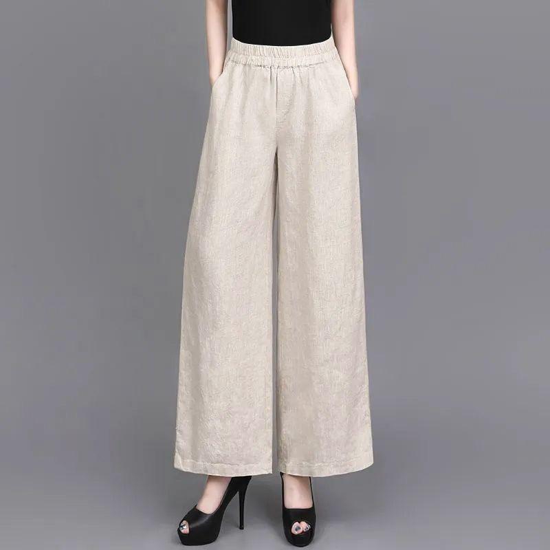 Women's 2025 Summer Cotton Linen Wide-Leg Pants - Simple, Casual, Thin, Loose, Elastic High Waist