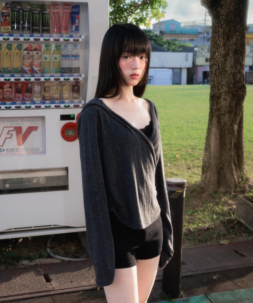 ROSEFRANTZ Wrap Shirring Hood Long Sleeve [Charcoal]