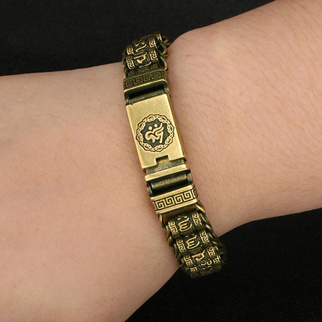 Unisex Tibetan Inspired Brass Bangle With Cultural Symbolism And Adjustable Fit Traditional Blessing Accessory