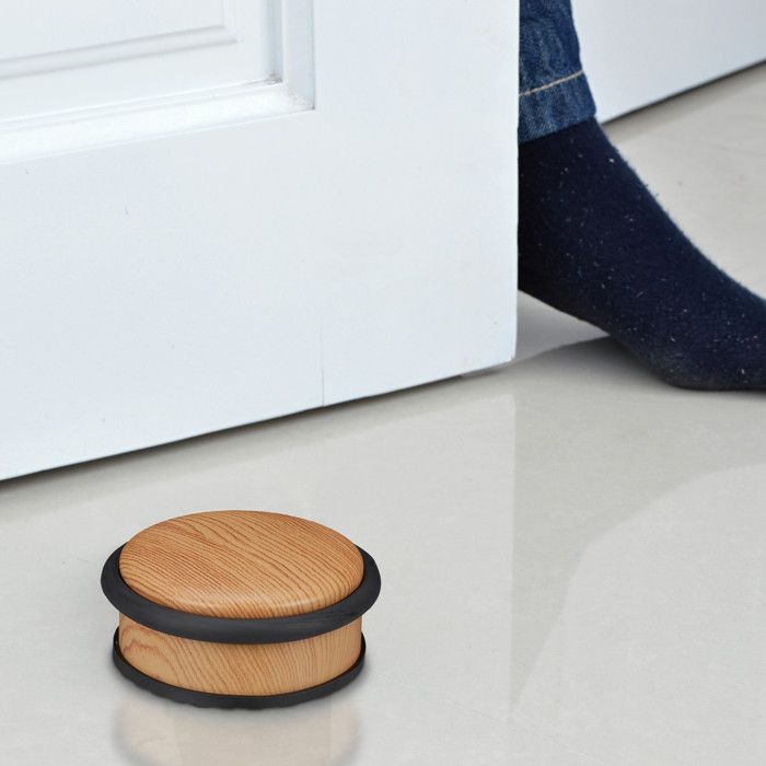 Relaxdays Door Stopper, Heavy Doors, Stainless Steel, Rubber, Flat, Wood Look HxD 5x10.5 Cm, Light Brown