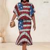 Women Plus Size Two Piece Set Round Neck Batwing Sleeve Ruffle Hem Top Fishtail Skirt American Flag Printed Red Blue White