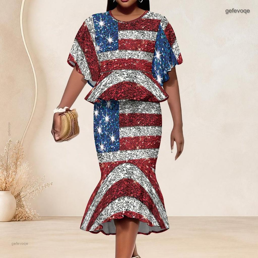 Women Plus Size Two Piece Set Round Neck Batwing Sleeve Ruffle Hem Top Fishtail Skirt American Flag Printed Red Blue White