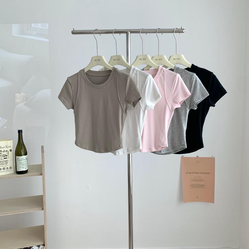 Fashion Round Neck Slim Fit Cropped T-shirt Women Short Sleeve Tops Women Summer Elegant Casual T Shirt Office Lady Simple Tee 24239