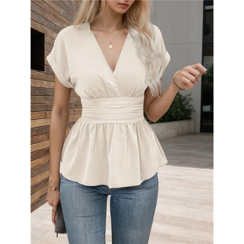 Damen V-Ausschnitt Kurzarm Peplum Bluse Lässig Wickel Taille Slim Fit Sommer T-Shirt Top
