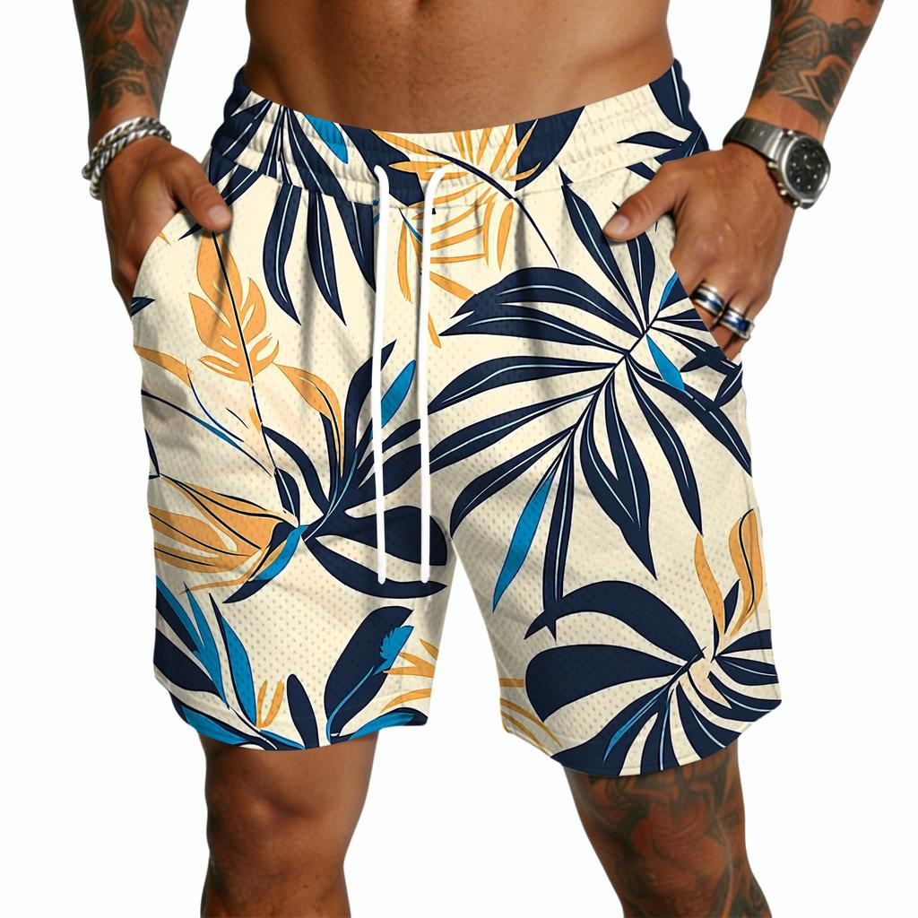 Herren Freizeitshorts mit Kordelzug Leichte Schnelltrocknende Fünf-Punkt-Länge Strandbekleidung Hawaiianischer Print Sommer Sportbekleidung