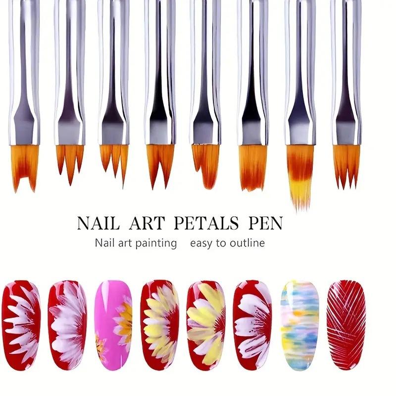 8 Pcs Oblique Gradient Smudge Nail Flower Drawing Sawtooth Pen Multifunctional Mix Shape Petal Painting Gel Nail Art Brush