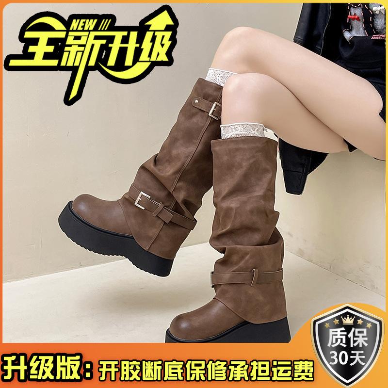 Fashion retro round head thick-soled high tube fashion boots women's 2025 autumn and winter new outer wear solid color with coat trousers boots