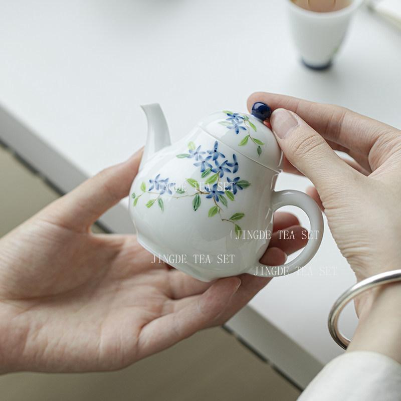 Ceramic Blue Flower Teapot Hand-drawn Kungfu Tea Set Chinese Small Capacity Teapot Hospitality Teapot Ball Hole Filter Teapots