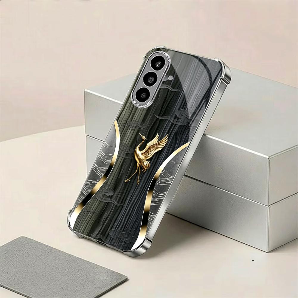 Wood Grain Golden Crane phone case s26 ultra case glass mobile phones for Samsung Galaxy S26 S25 S24 S23 S22 FE Ultra Plus
