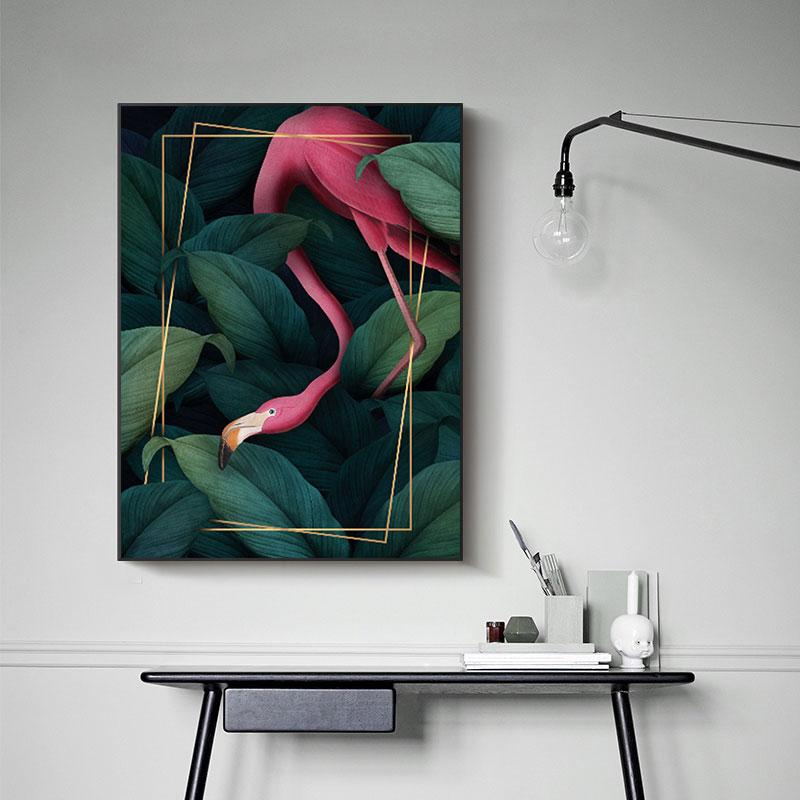 Nordic Posters and Prints Pink Flamingo Green Leaves Canvas Painting Wall Art Animal Pictures for Living Room Cuadros Home Decor