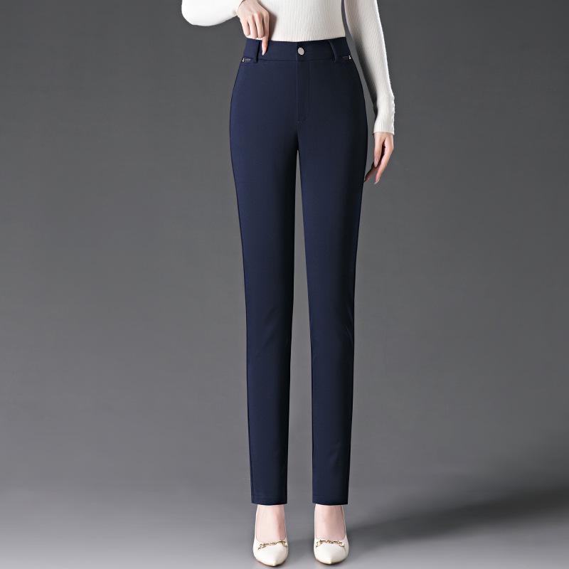 2024 Spring & Autumn Black Elastic High-Waisted Straight-Leg Pants for Women - Slimming, Versatile, Casual Fit for Middle-Aged Moms
