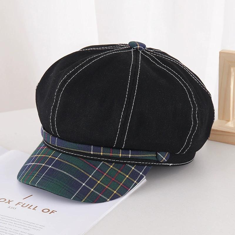 New Cute Plaid Bunny Ear Denim Beret For Women Summer Face-Slimming Octagonal Hat Japanese Retro Versatile Style