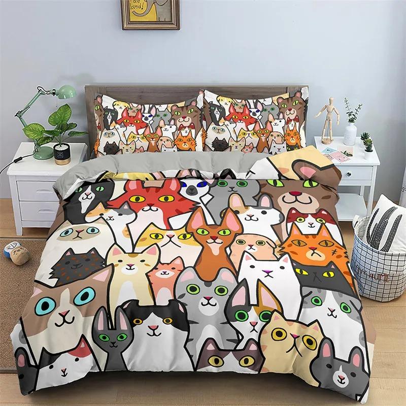 Cute Cat Bedding Set 2-3Pcs Bedroom Quilt Cover Set Single Double Size Polyester Duvet Cover Pillowcase for Adult Boy Girl
