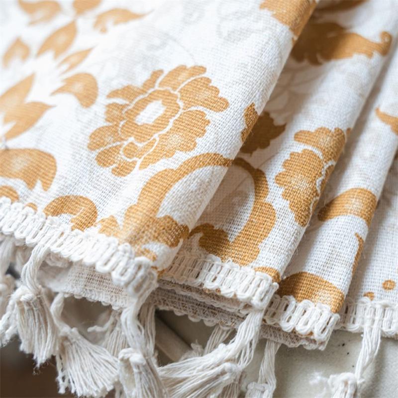 Mustard Damask Printed Curtains - Khaki European Floral Ready-Made Drapes with Tassel Trim | Semi-Sheer Kitchen Valance & Bay Window Light Filtering