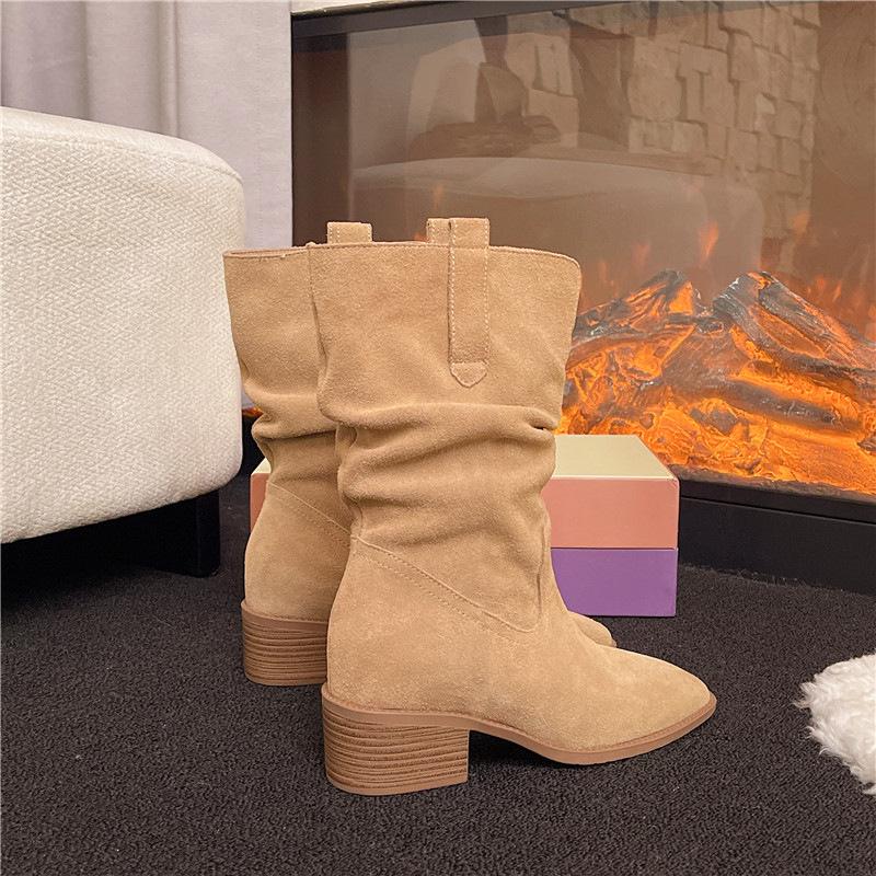 Coarse-heeled short boots women's 2025 autumn new high-heeled pointed-toed thin pleated piled boots retro British fashion boots