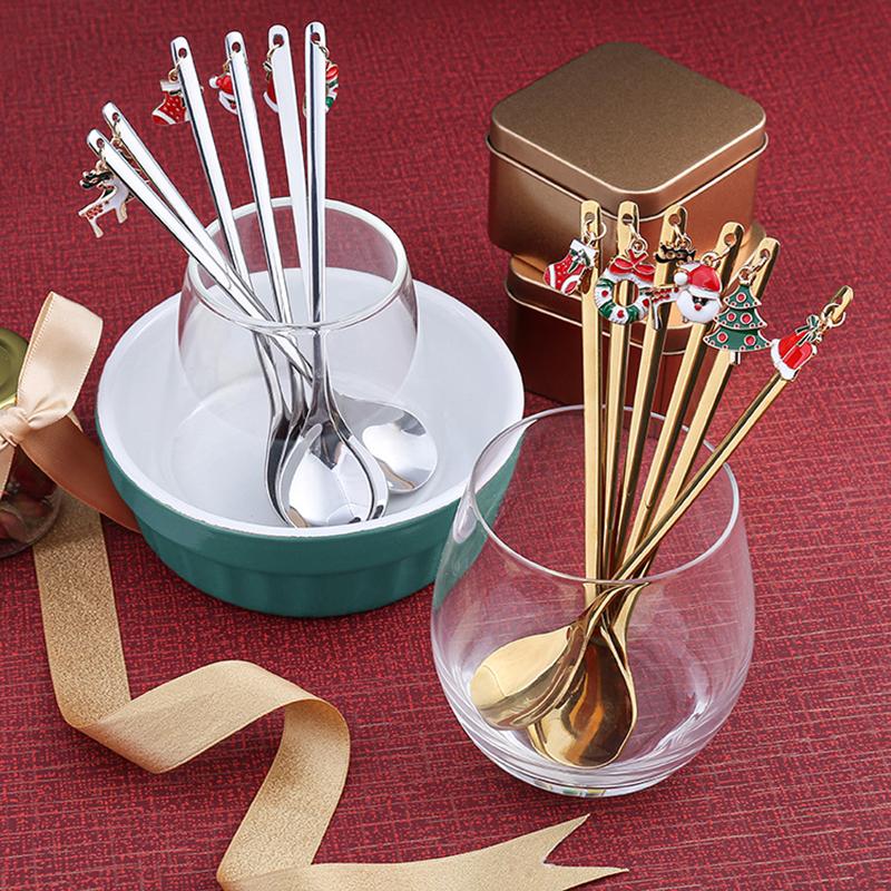 6PCS Christmas Spoons Coffee Cutlery Set Stainless Steel Cutlery Set Dessert Spoon Forks Christmas Gifts Elk Christmas Decoratio