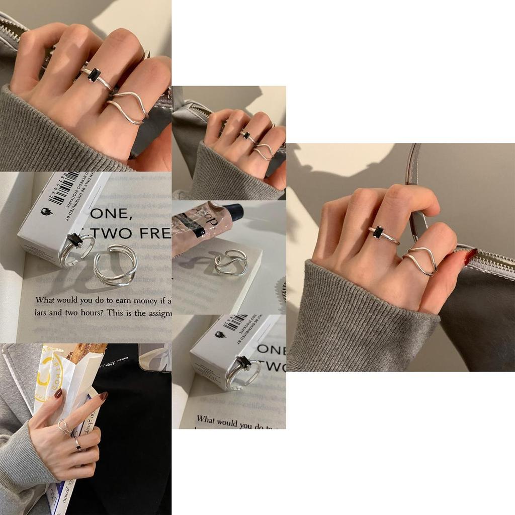 Trendy Black Zircon Wave Ring For Women Stylish Adjustable Copper Geometric Design