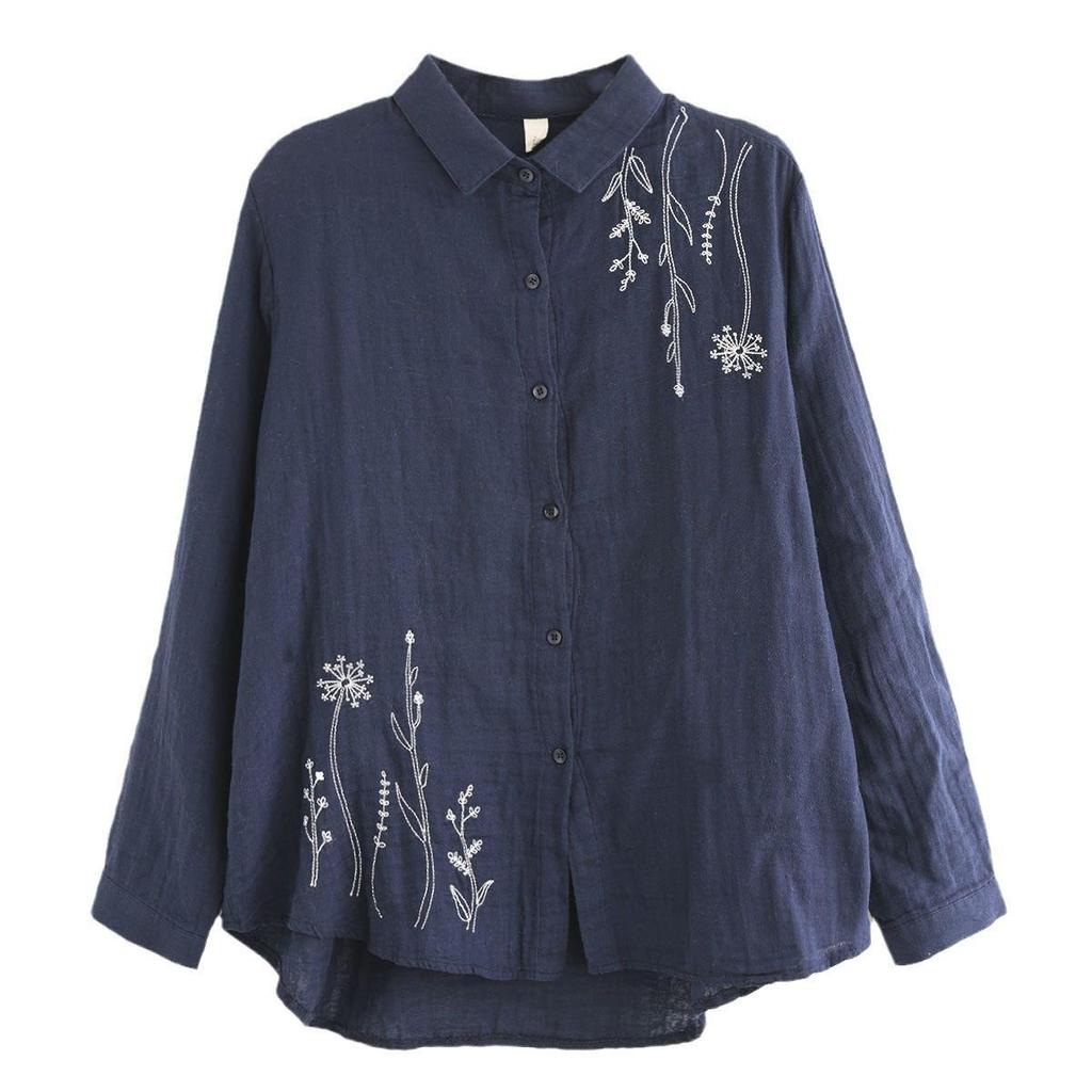 2024 Artistic Retro Floral Embroidered Cotton Linen Long Sleeve Shirt for Women - Loose Fit for Spring & Autumn