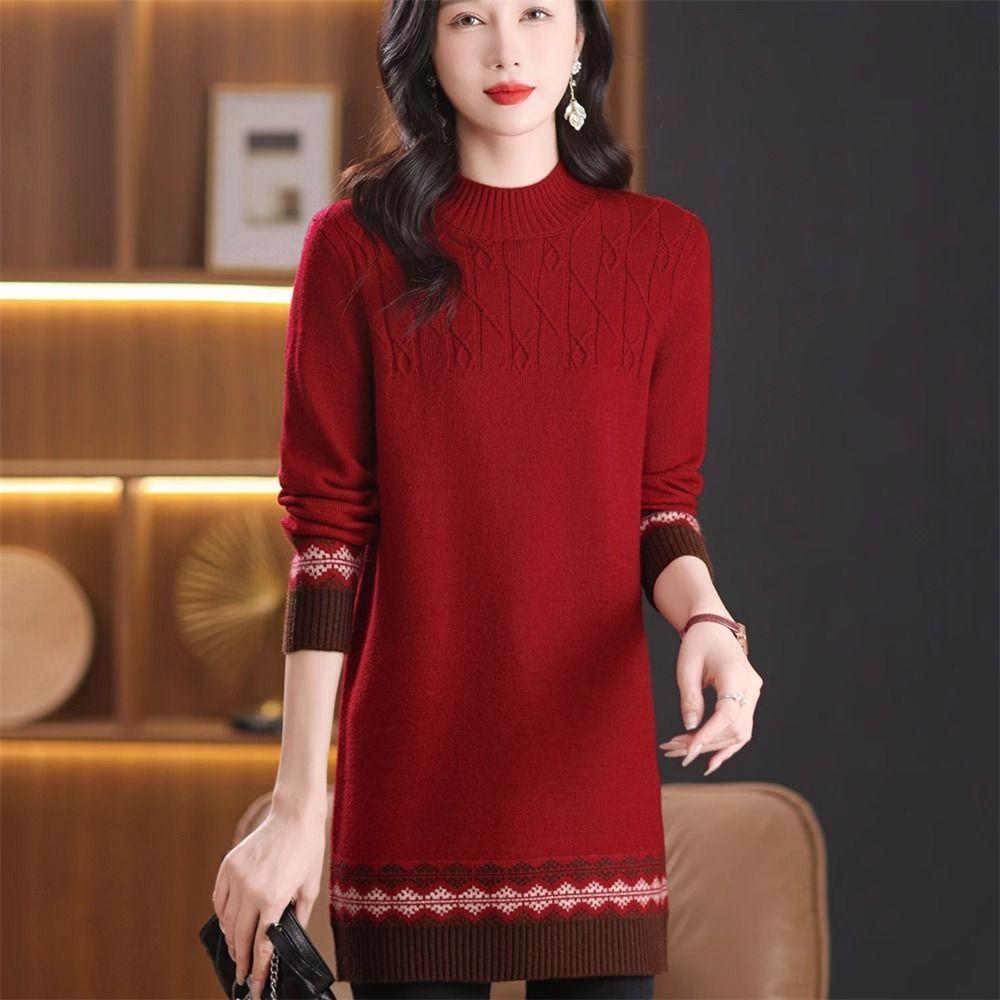 Half Turtleneck Knitted Sweater Women's Color Block Loose Mid-length Sweater Knitted Sweater Long-sleeved Casual Pullover Autumn and Winter Top