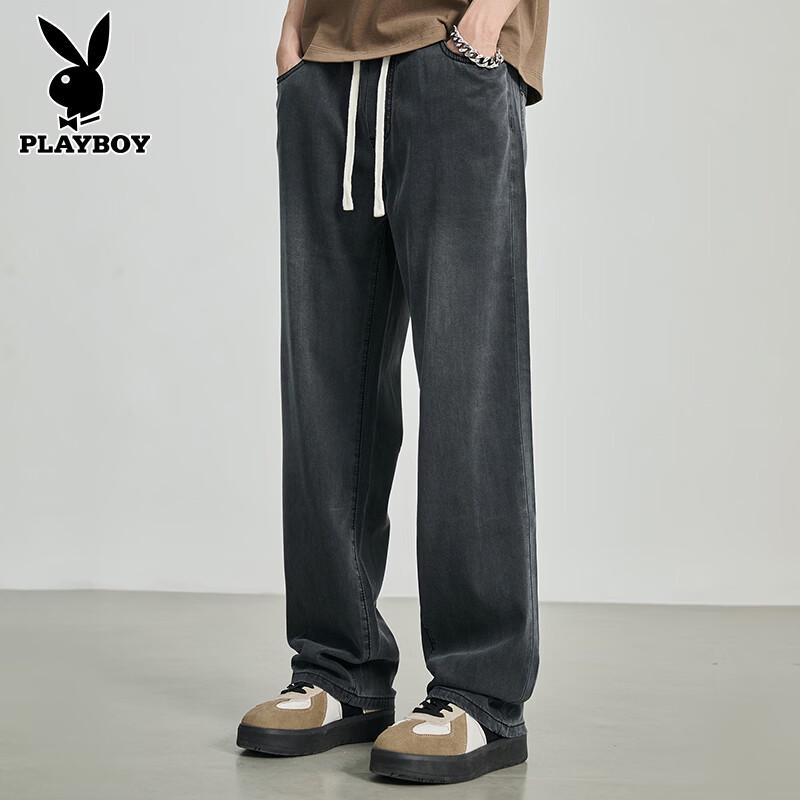 Playboy Men s Lyocell Ice Silk Loose Straight Wide-Leg Jeans XL