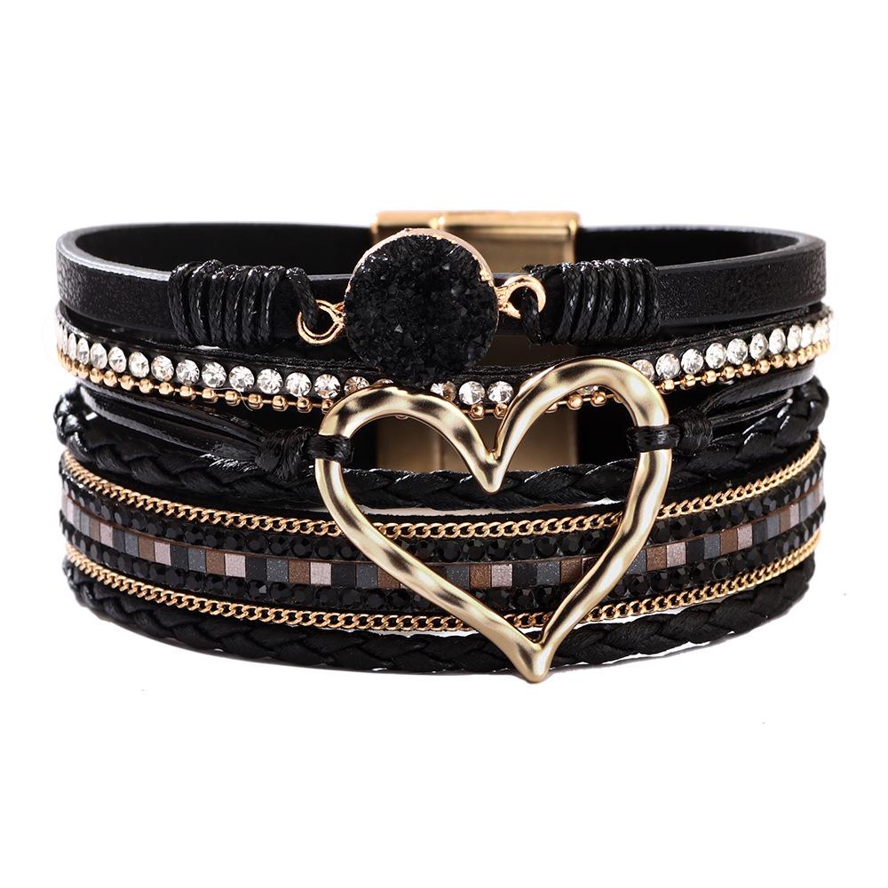 Bohemian Heart Rhinestone Magnetic Clasp Faux Leather Bracelet for Women