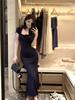 navy blue square neck dress female summer spice girl slim waist pure desire little mother wind hip fish tail dress