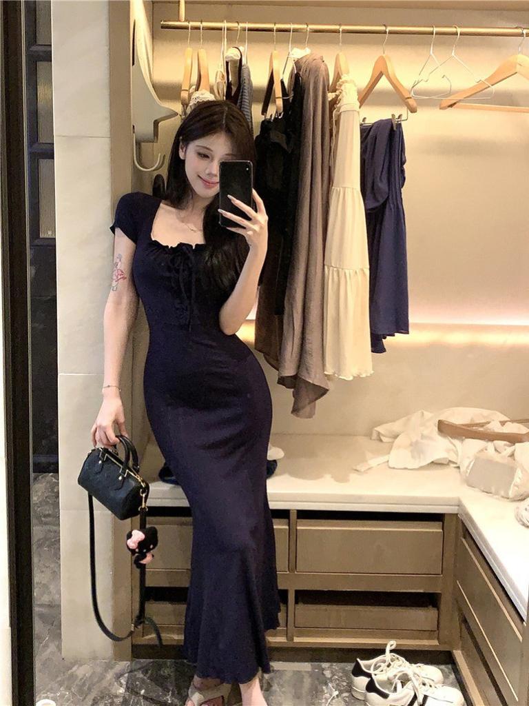navy blue square neck dress female summer spice girl slim waist pure desire little mother wind hip fish tail dress