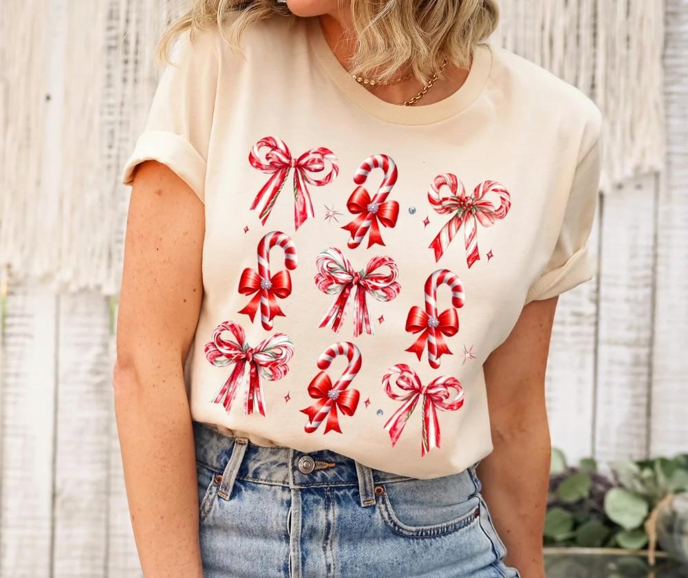 Coquette Christmas Shirt Candy Cane Bow Crew Tee