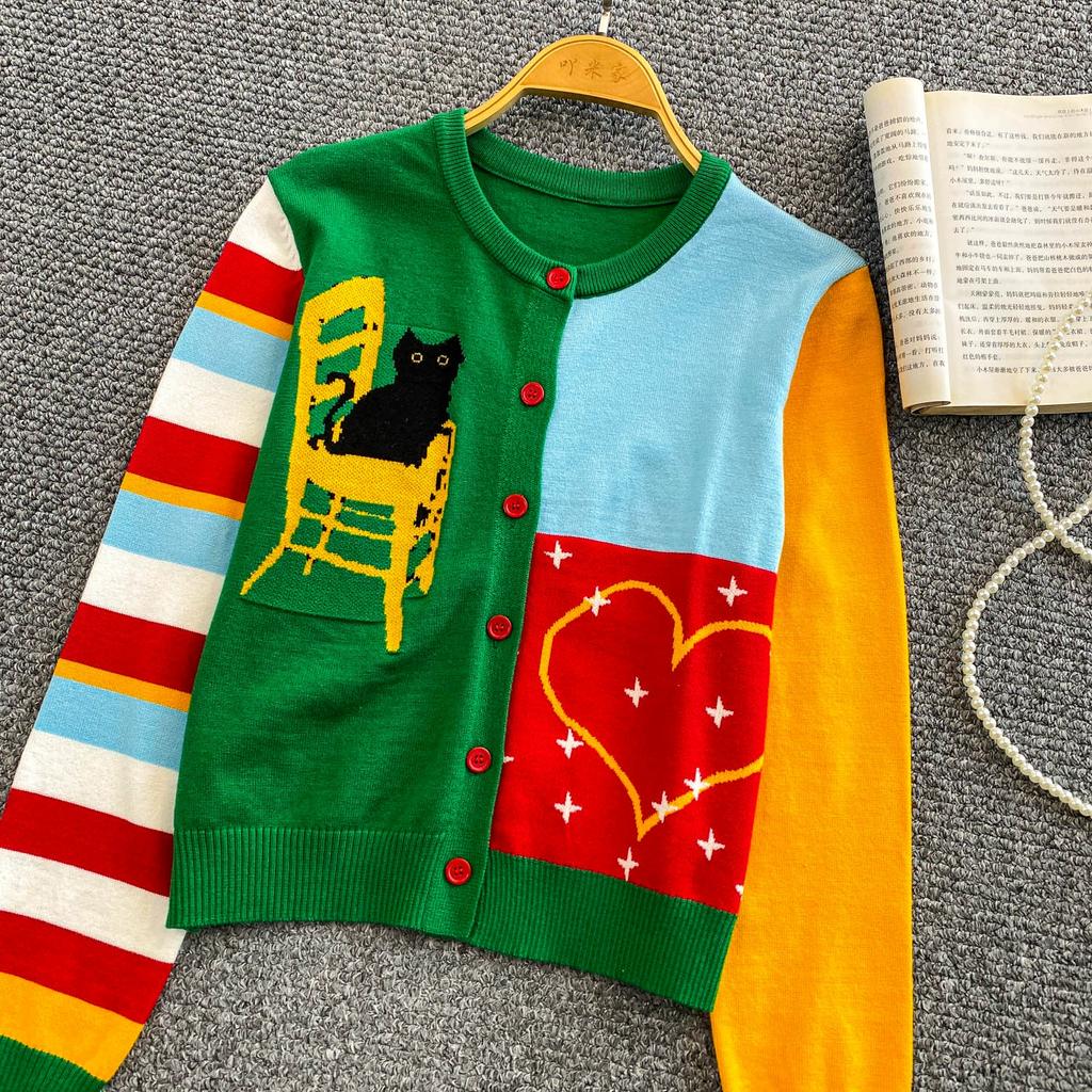 Herbst Winter Damen Damen O-Ausschnitt Cartoon Print Einreihig Gestrickte Pullover Strickjacken Tops für Schülerin