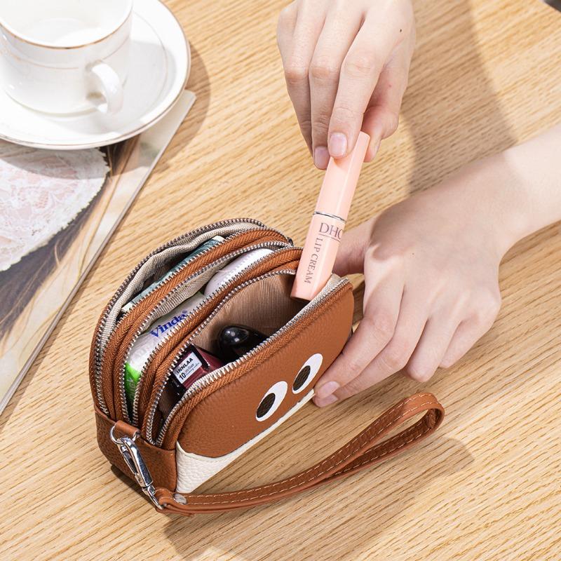New first-layer cowhide change bag mini cute women's small wallet multi-functional leather three-zipper storage bag