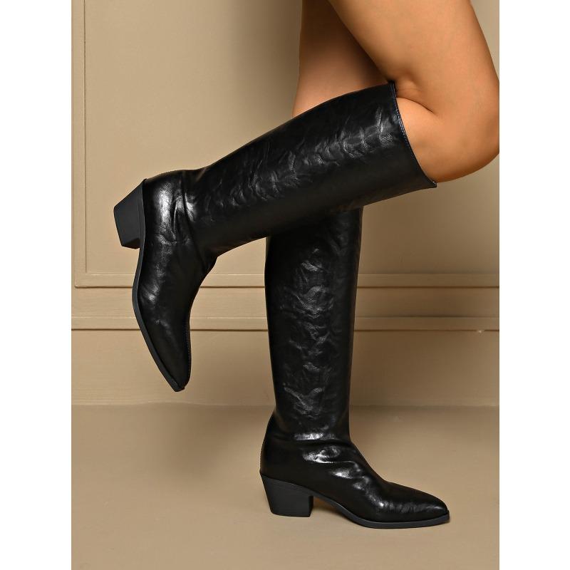 2025 Winter New Slimming Plus Size Mid-heel Skinny Boots Pointed Toe Thick Heel Retro British Style Knight Boots for Women