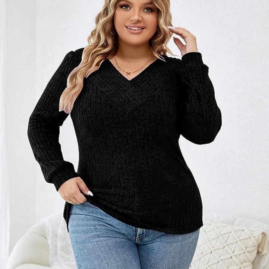 Dámský podzimní zimní svetr Velká velikost XL~5XL Svetry s dlouhým rukávem Výstřih do V Ležérní Top Žebrované Pletené košile Ženy