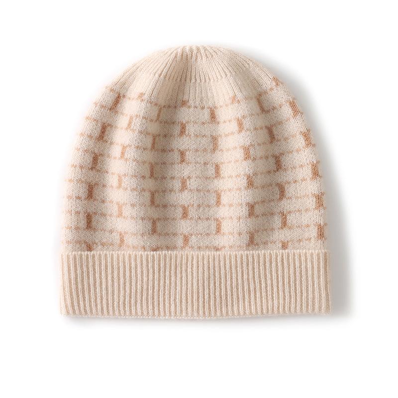 Kaschmir-Herbst- und Wintermütze: Hochwertige, farblich abgesetzte, karierte, dicke, warme Strickmütze für Damen und Herren