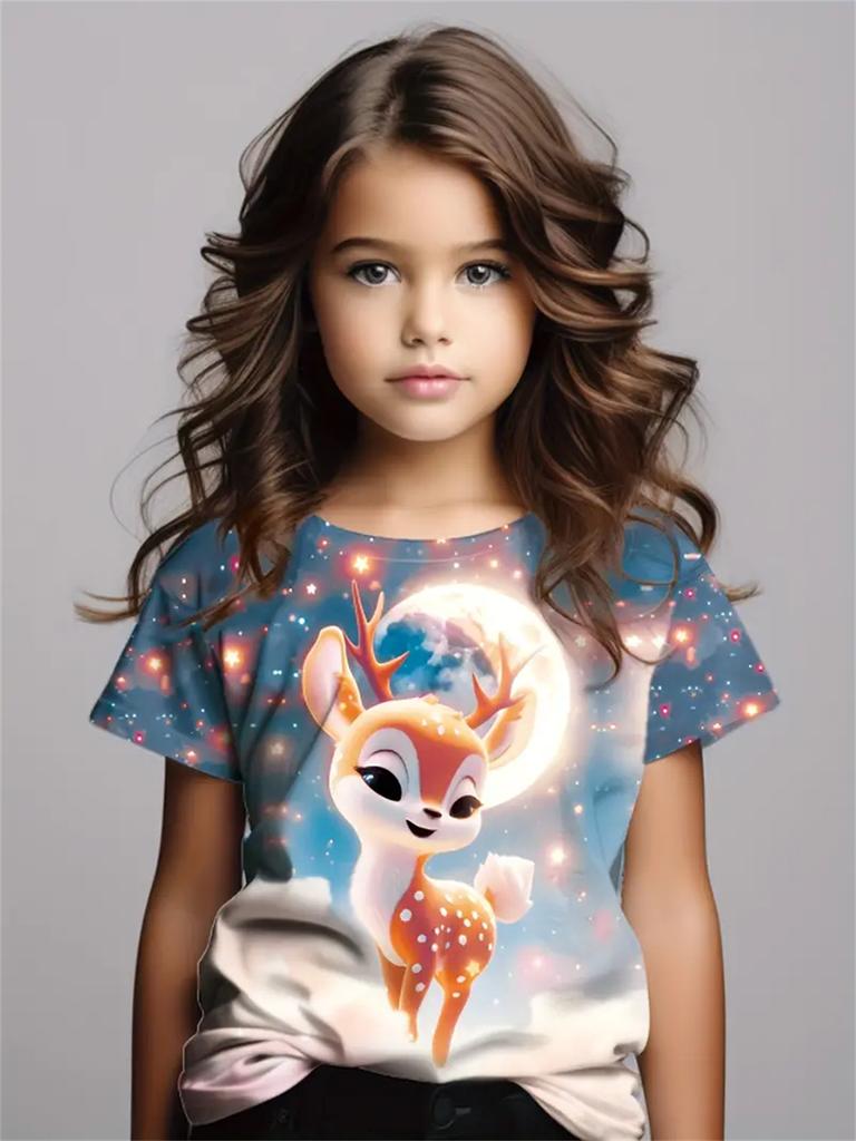 Girl Clothes Cute Animals 3D Print Casual Crew Neck Short Sleeves Graphic T Shirts Children's Clothing 2-10Y for Animals Lover