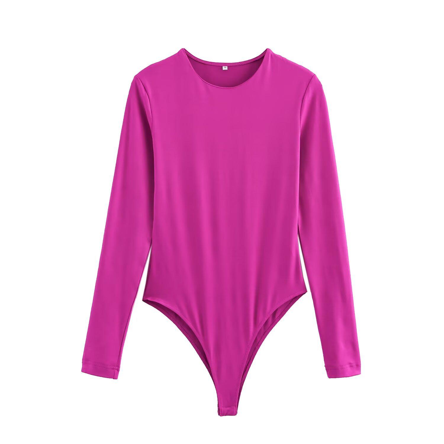 

2024 Зимний женский боди с длинным рукавом из нейлона в европейском и американском стиле с круглым вырезом Large розы красного